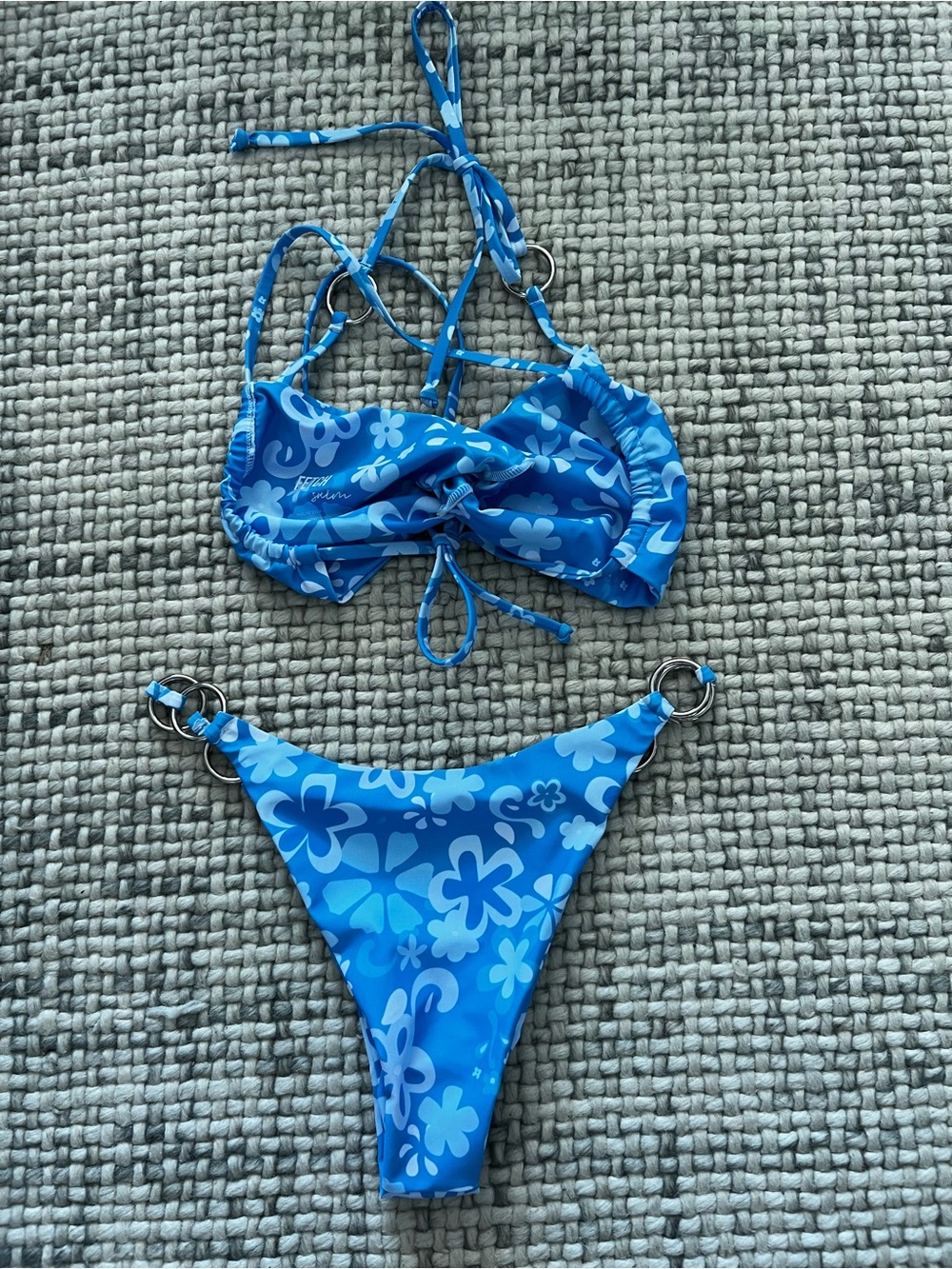 Blue Floral Halter Bikini Top and Bottom Set